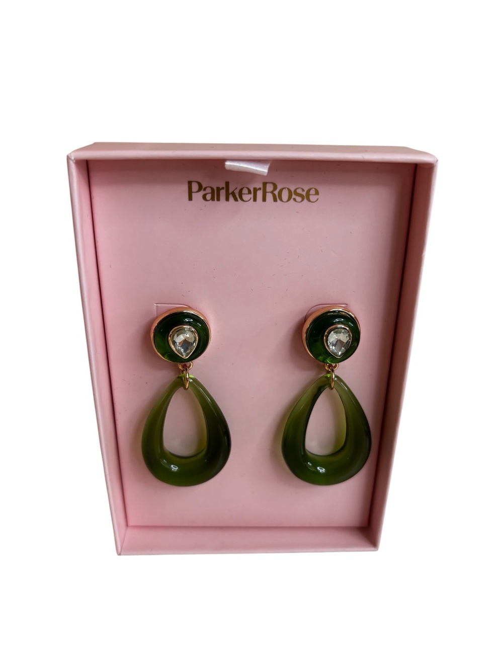 Translucent Olive Green Teardrop Dangle Earrings with Center Crystal Accent